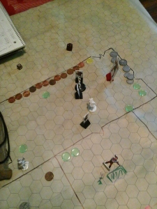 The scene after the battle, with the orcs lined up against the wall.